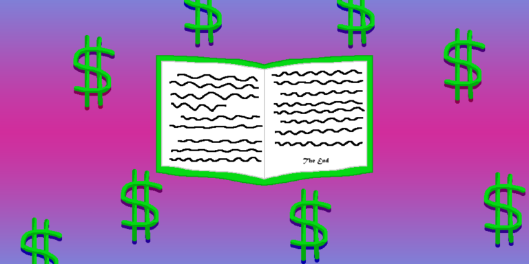 An open book with a green cover. Dollar signs surround it. The background is a purple-pink gradient with the pink in the middle and the purple on the top and bottom. The dollar signs are an example of setting the price of your book.