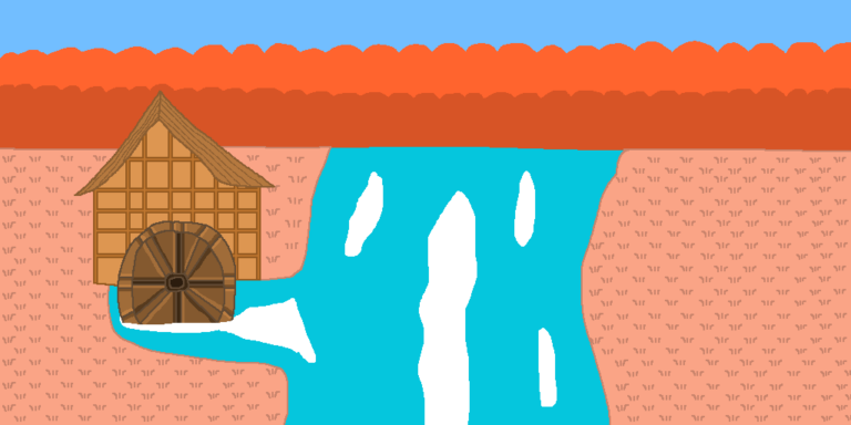 Fantasy watermills are a staple in the genre. This one is right next to a flowing river with an autumn-like grassy plain and orange trees in the background. Above the trees is the blue sky.