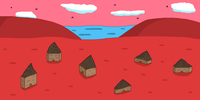 6 small brown lower class fantasy homes sitting on a grassy plain in autumn. The background has two red hills and the ocean in-between them. Above them is a pink sky with white clouds and birds.