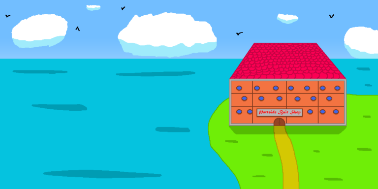 An orange-colored fantasy bait shop simply named "Portside Bait Shop". It has a red roof and a gold path runs from the door down to the bottom of the image. The shop sits atop a grassy plain adjacent to the ocean. Above the ocean is the blue sky with white clouds and birds.