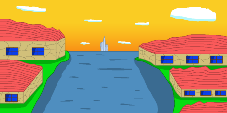 This fantasy harbor has brown buildings with red roofs on each side of a body of water that goes out to the ocean. In the distance is a tall, light blue tower-like object. Above it is the orange sky with white clouds.