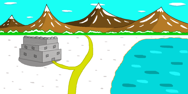 One of several kinds of fantasy military buildings, this gray outpost is situated on a snowy plain with a gold path running to the forest in the background. On the other side of the road is a blue lake. The forest has snow-tipped trees and the mountaintops have snow. Above them is a blue sky with oval clouds.