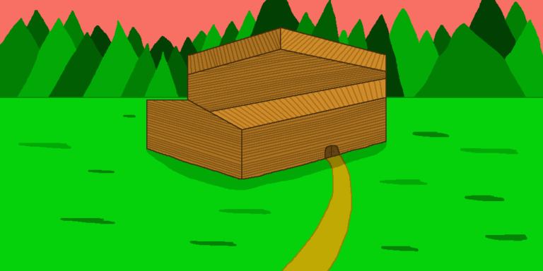 One of many fantasy sawmills, this one sits in front of a large forest. A brown path runs from the door to the bottom of the image. Behind the building is the forest. Above the trees is the pink sky.