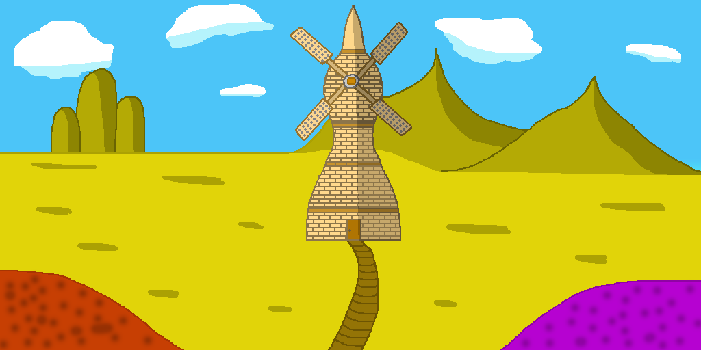 A fantasy windmill situated on a yellow grassy plain. A series of red flowers sits on the lower left and on the lower right is a bunch of purple flowers. Behind the windmill are two mountains and a great hill. Above them is the blue sky with several white clouds.