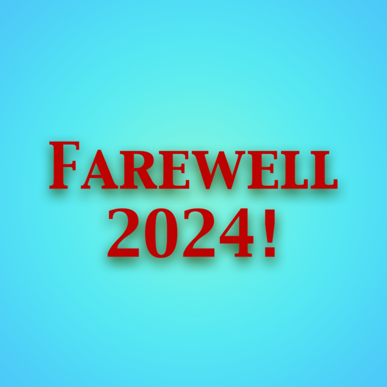 The words "Farewell 2024" are etched in red and sitting in the center of a gradient blue background.