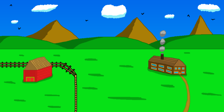 Fantasy farms are a common sight out in the countryside. This brown one has smoke billowing forth from its chimney and the red barn is fenced in. A brown path runs from the house's door to the bottom. The farm sits on a grassy plain with hills and mountains in the background. Above them is the blue sky with white clouds and birds.