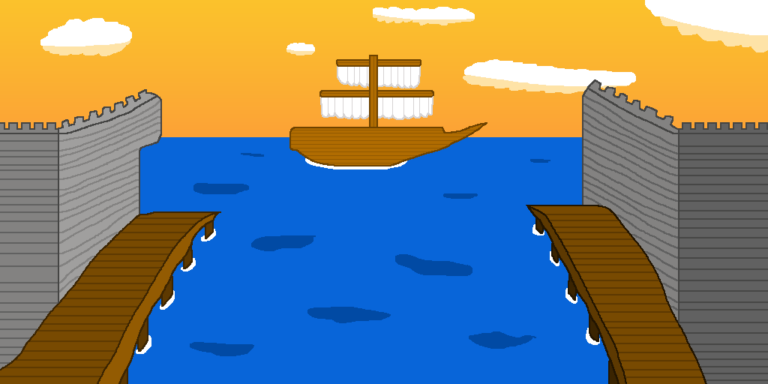 A brown ship sailing in front of one of many fantasy shipyards. This one has a fortress on each side, right next to the docks. The ocean is flowing into the shipyard. Above the ship and fortresses is an orange sky with white clouds.