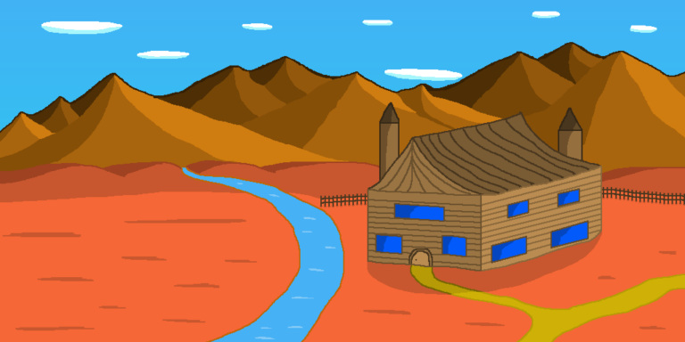 Fantasy medieval stables are often found out in the country. This one sits next to a river flowing from the hills and mountains in the background. The stable sits atop a reddish grassy plain. Above the mountains is the blue sky with white oval clouds.