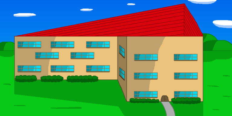 Fantasy government buildings come in many shapes and sizes. This brown one has blue windows and a triangular red roof. Several bushes line the ground alongside the front of the building. It sits amid a grassy plain with hills in the background. Above them is the blue sky with oval clouds.