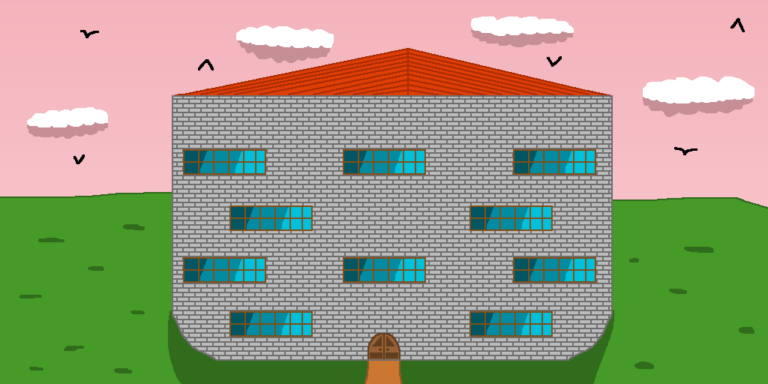 One of many fantasy schools, this one is made of gray bricks and contains blue windows. It has a red roof and the building sits atop a grassy field with a brown road running to the door. The background is a pink sky with white clouds and black birds.