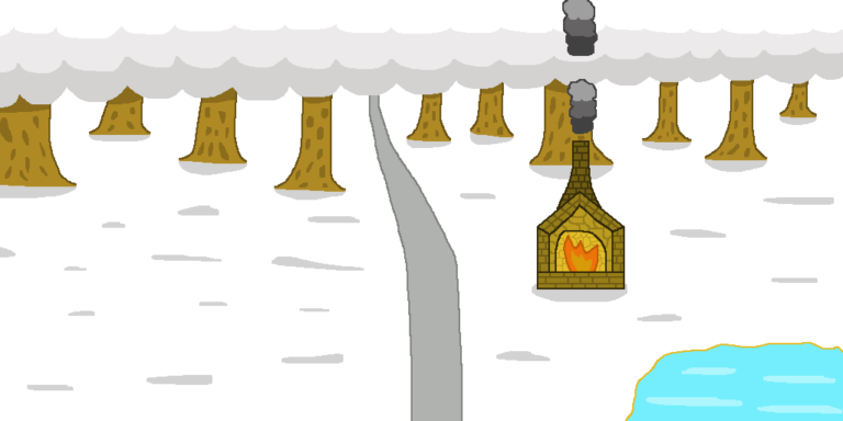 A fantasy smithy on the side of a gray road going into a forest in wintertime. There's a fire burning in the hearth as some smoke billows forth from above it. In front of the smithy is a little pond. Behind the smithy is the white forest.