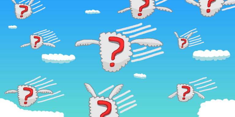 A bunch of flying red question marks in light gray clouds with wings. The question marks are flying high up in the skies as seen with the blue sky and white clouds. They represent the various types of fantasy occupations.